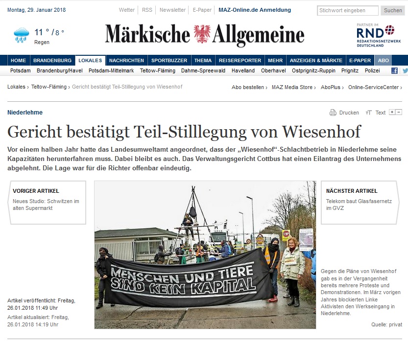 MAZ vom 26.1.2018: Gericht bestätigt Teil-Stilllegung von Wiesenhof